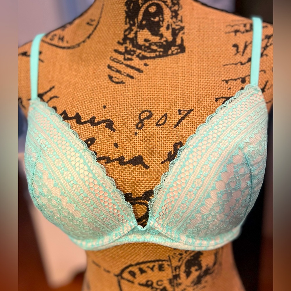 ✔️ Victoria’s Secret Aqua Blue Pretty Bra Size 34DD Padded Underwired Cups